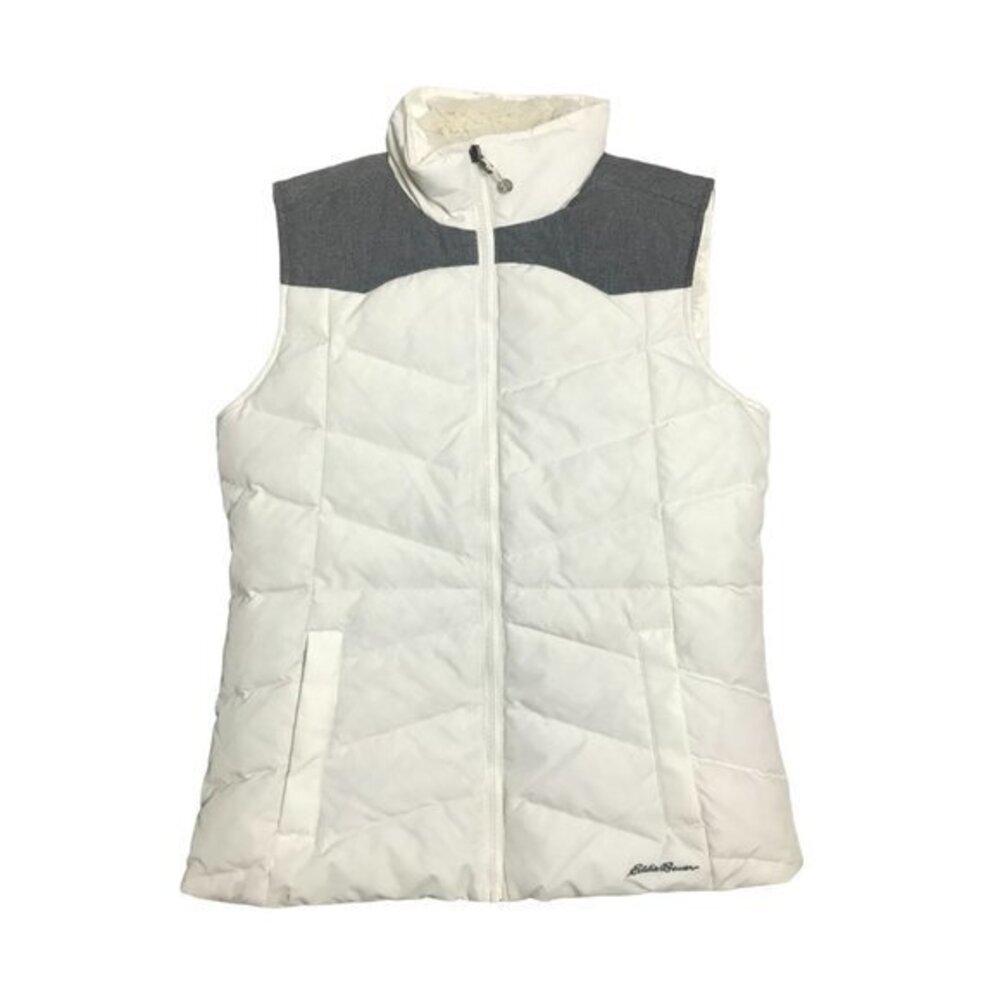 Eddie Bauer EB 650 Down Vest‎ Women's Small White Gray Puffer Zip Pockets Warm
